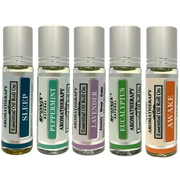 Essential Oil Roll On Gift Set of 5 Aromatherapy - Sleep, Awake, Lavender, Peppermint and Eucalyptus - Made with 100% Pure Therapeutic Grade Essential Oils ( 5 x 10 ml ) by Sponix
