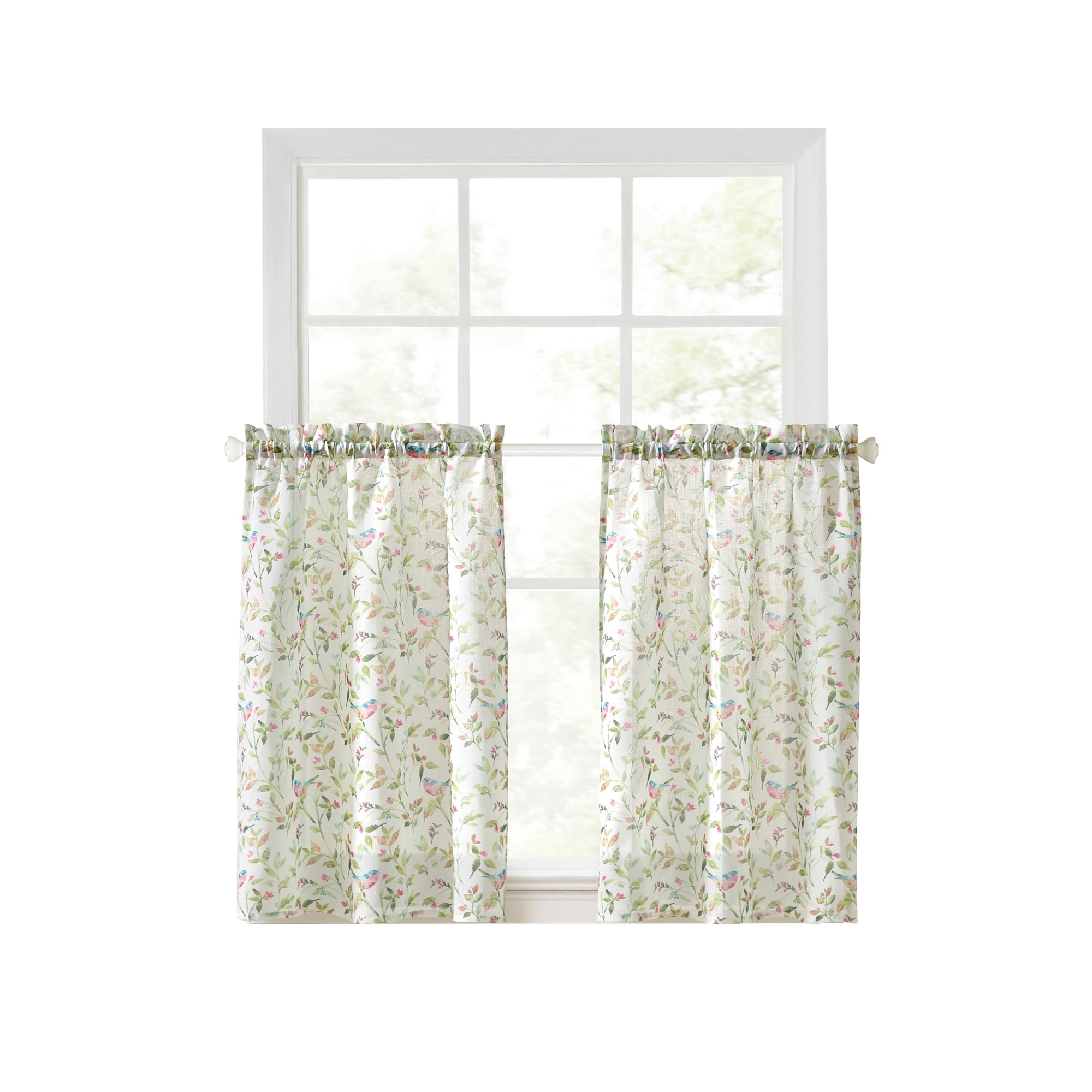 Martha Stewart Kensington Garden Print 24in Tier Set, Pink, Pole Top, Sheer, Indoor, Adult, 2 Piece Tier Set, 54 x 24