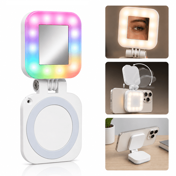 TIKBBRMG RGB Ring Light, Magnetic Selfie Light for Phone, CRI95 , 36LEDs, Rechargeable Portable Phone Light with Mirror for Makeup, Zoom, Photography, Video, Compatible with iPhone and Android