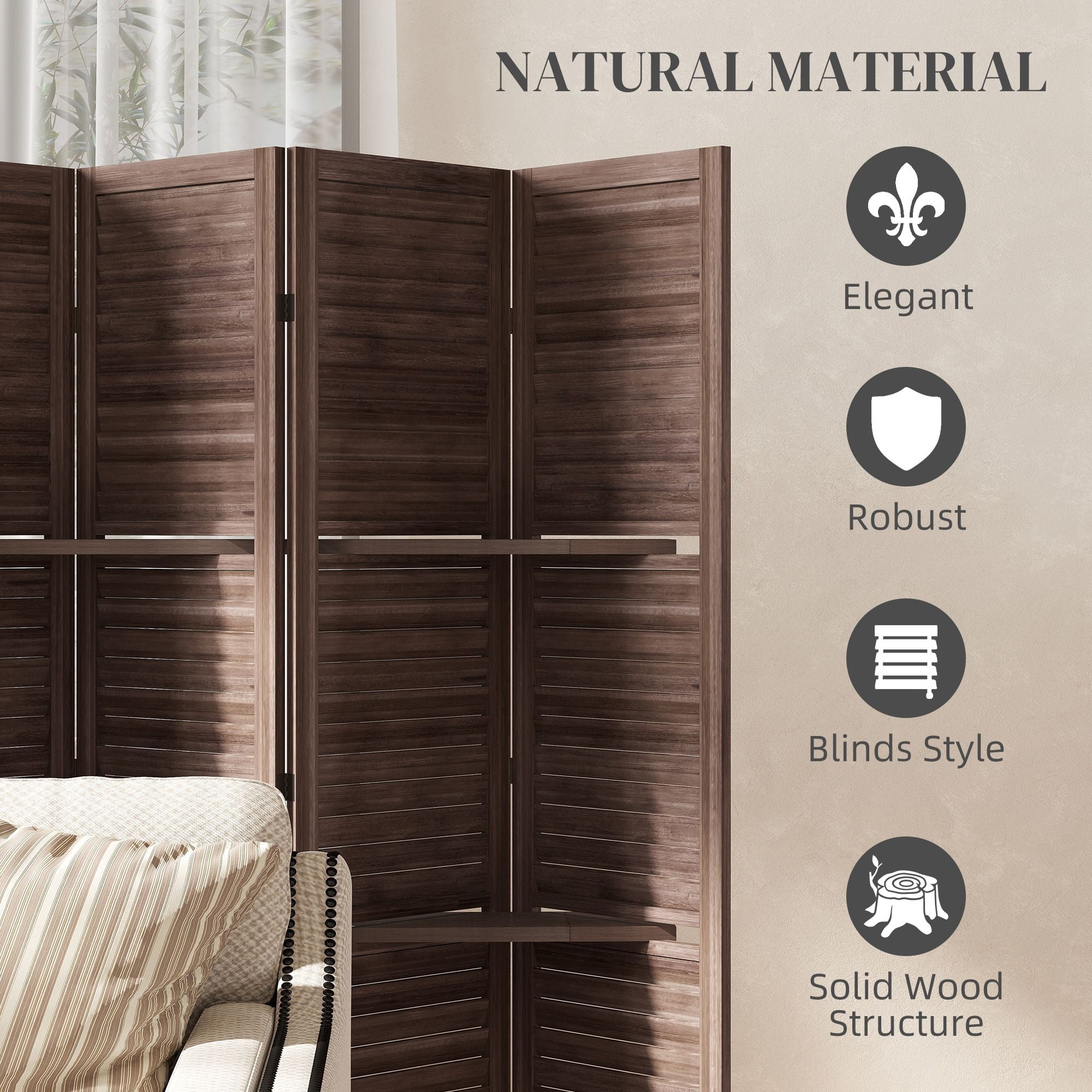 Alvantor 6 Panel Freestanding Room Divider in Walnut with Storage Shelves, 67 Inch Wood Privacy Screen