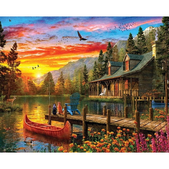 1000 Piece Jigsaw Puzzle for Adults, Cabin Evening Sunset Cabin Evening Sunset，Peaceful Mountain Lake Scene Puzzle for Relaxation and Home Decor