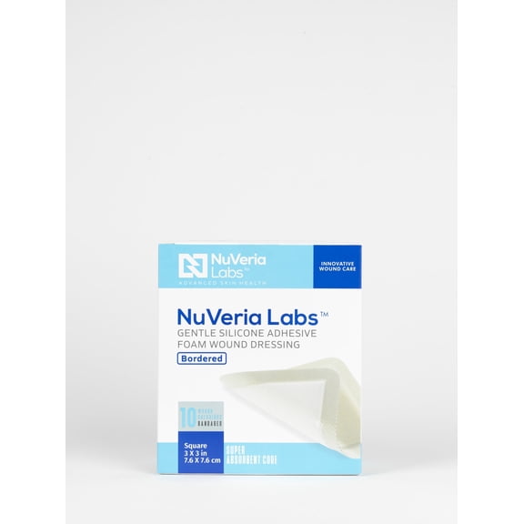 Nuveria Labs Hospital Grade Bordered Silicone Foam Wound Dressing - Gentle Silicone Adhesive Helps minimize discomfort, 3 x 3" Square, 10 Each/Box