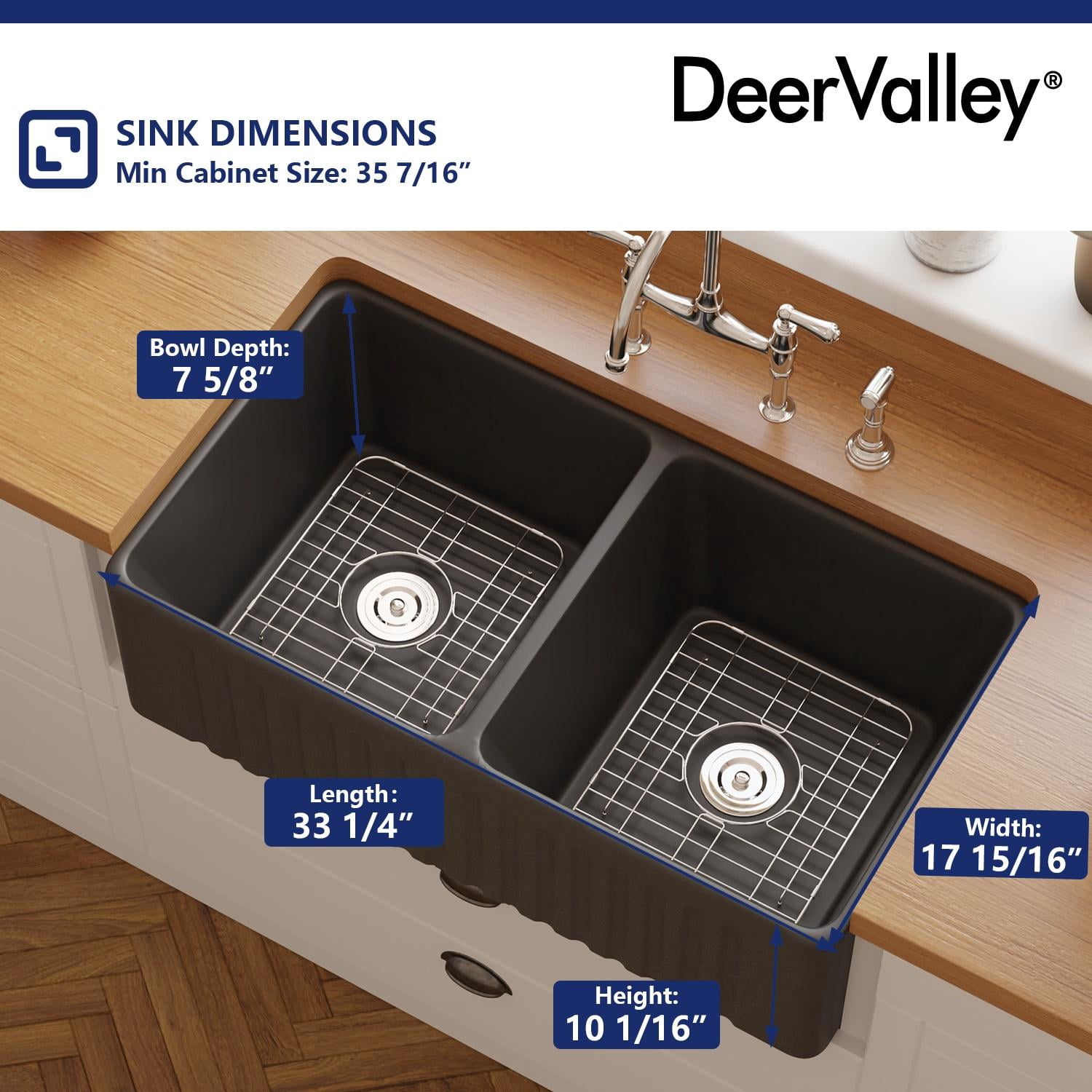 Eclipse 33 in. L 50/50 Farmhouse/Apron-Front Double Bowl Black Ceramic Kitchen Sink with Grid and Strainer