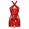 thumbnail image 5 of DOOMIVA Glittery Sparkly Bodysuit for Women Halter Cross Latin Jazz Ballroom Fringe Dance Leotard Red M, 5 of 8