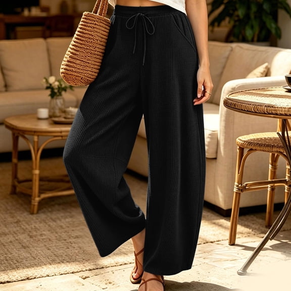 Kinrui Barrel Sweatpants for Women Wide Leg Ribbed Knit Lounge Pants Drawstring Elastic Waist Sweat Pant with Pockets Black S