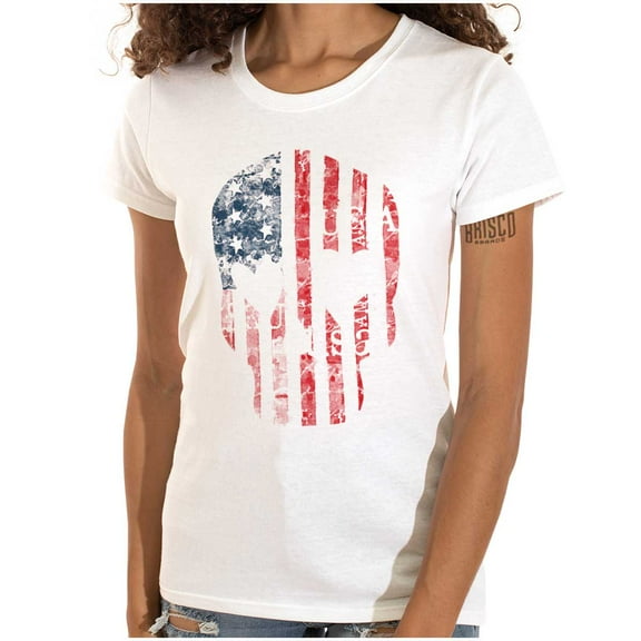 Cute Distressed American Flag Skull Womens Slim Fit Graphic Tee Brisco Brands X