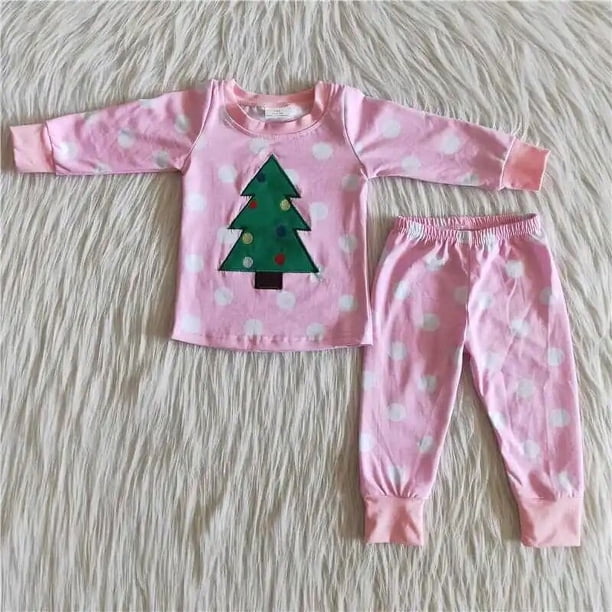 Venta al por mayor, ropa de Navidad a la moda para niñas, ropa de dormir, conjunto de puntos blancos, pantalones con volantes rojos para niños, conjunto de pijamas para Otoño e Invierno