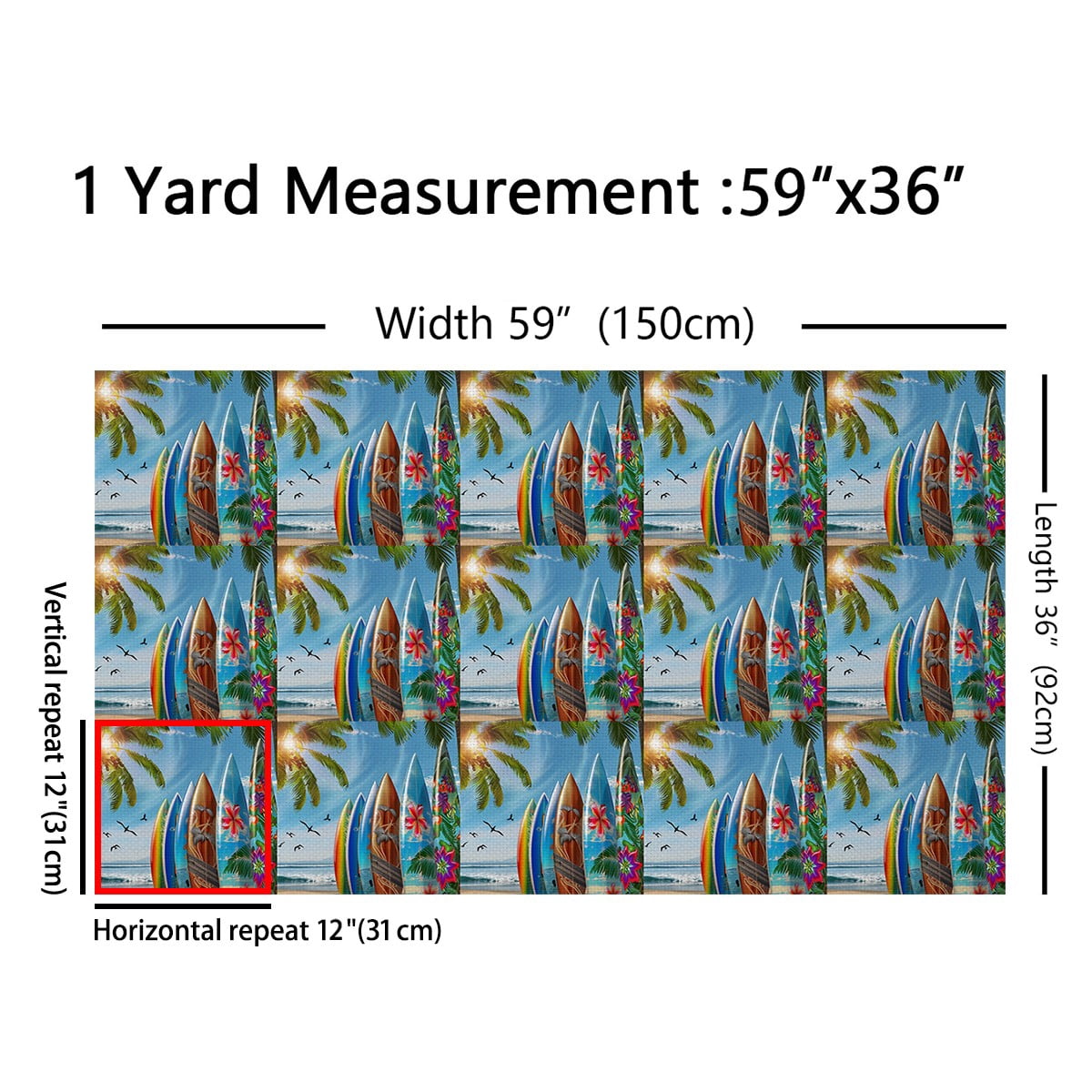 Manfei Sea Surfing Sewing & Crafting Fabric (1 Yard) for Kids Teens Boys, Surfboard Print Home Decor Fabric by the Yard, Tropical Beach DIY Fabric