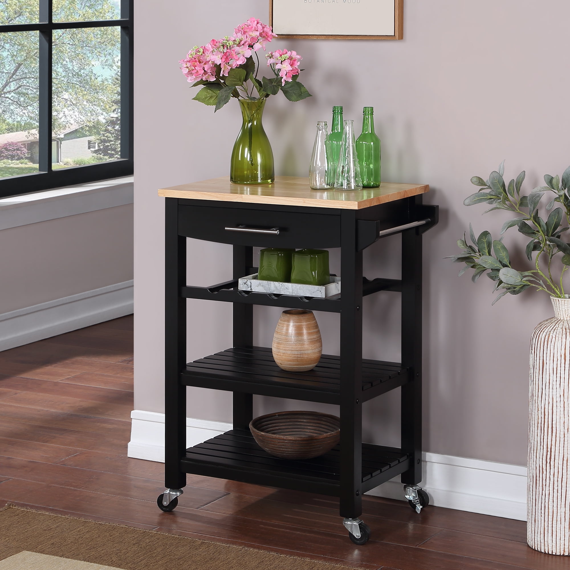 Convenience Concepts Ellaine 4 Tier Small Butcher Block Kitchen Island Cart with Drawer and Wine Rack, Black/Butcher Block