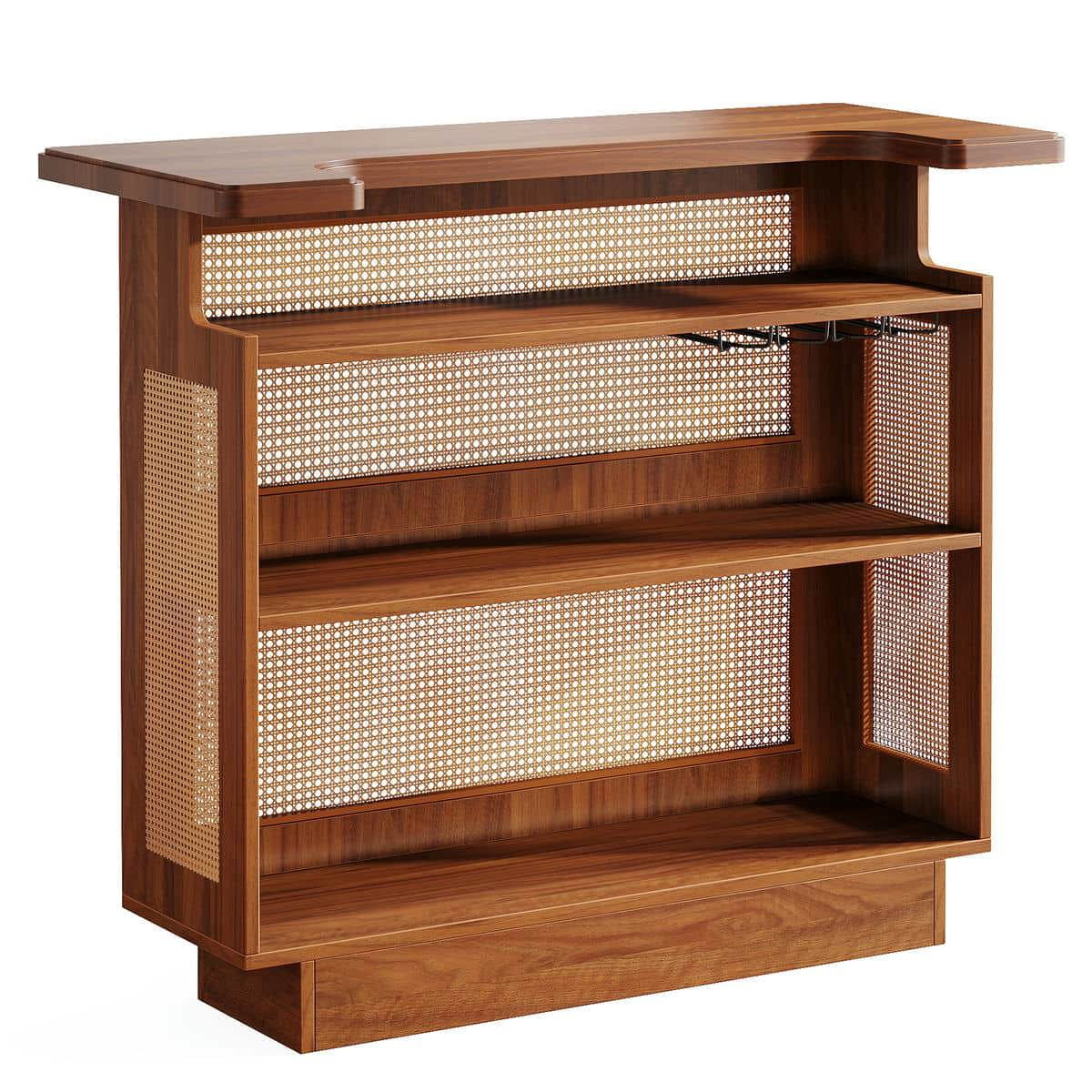 Yardi Yarda Natural Bar Cabinet with Rattan Accents and Wood Construction, Multi-Functional Bar Cabinet with Storage for Indoor, Brown