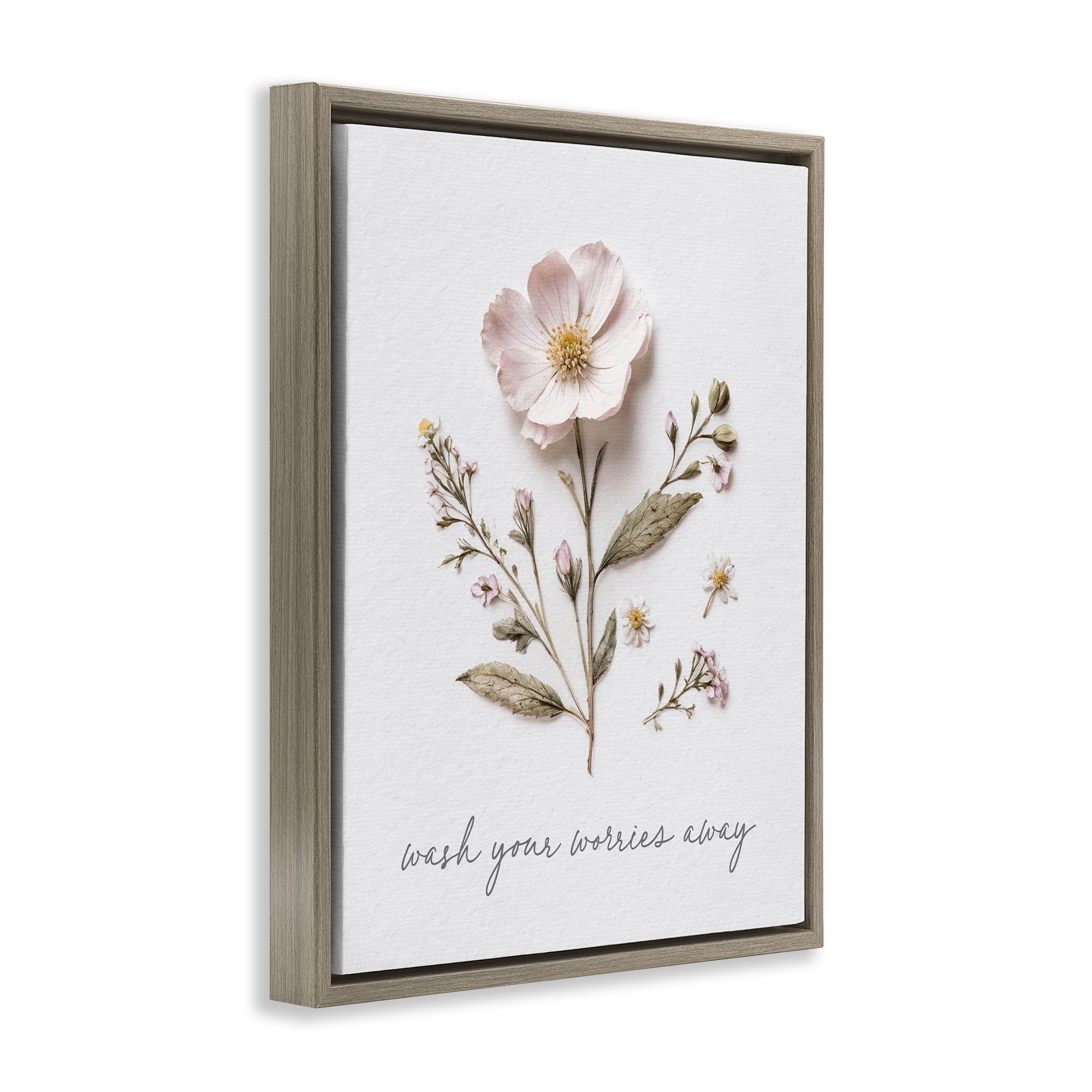 Pressed Flower Wash Worries Away Brown Framed Floater Canvas Wall Art, design by Lettered and Lined