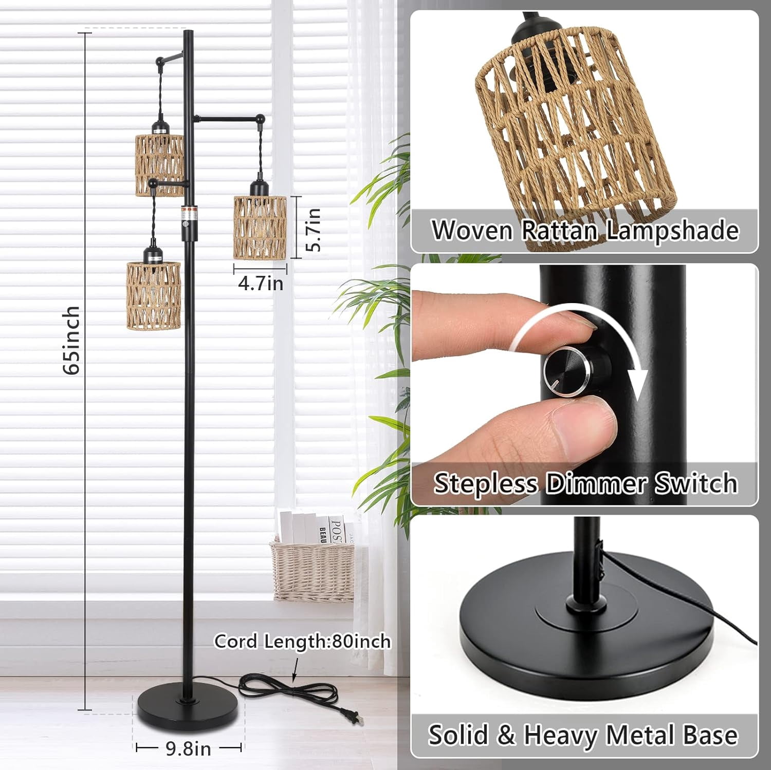 Newest 65” Bohemian 3-Light Rattan Floor Lamp with Stepless Dimmable Switch, Black & Brown for Living Room