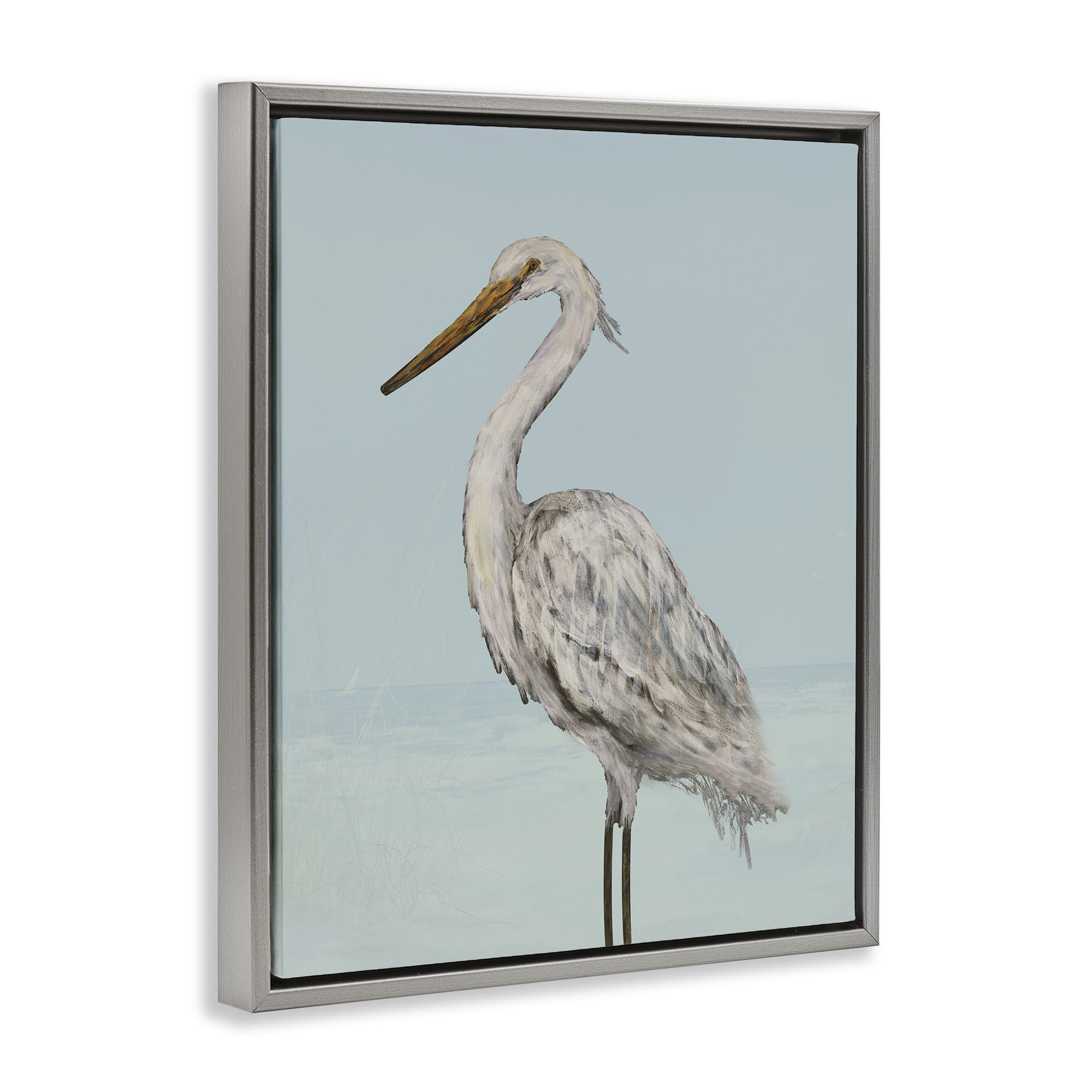 Stupell Industries Coastal Heron Muted Blue Gray Framed Floater Canvas Wall Art, design by Julie DeRice
