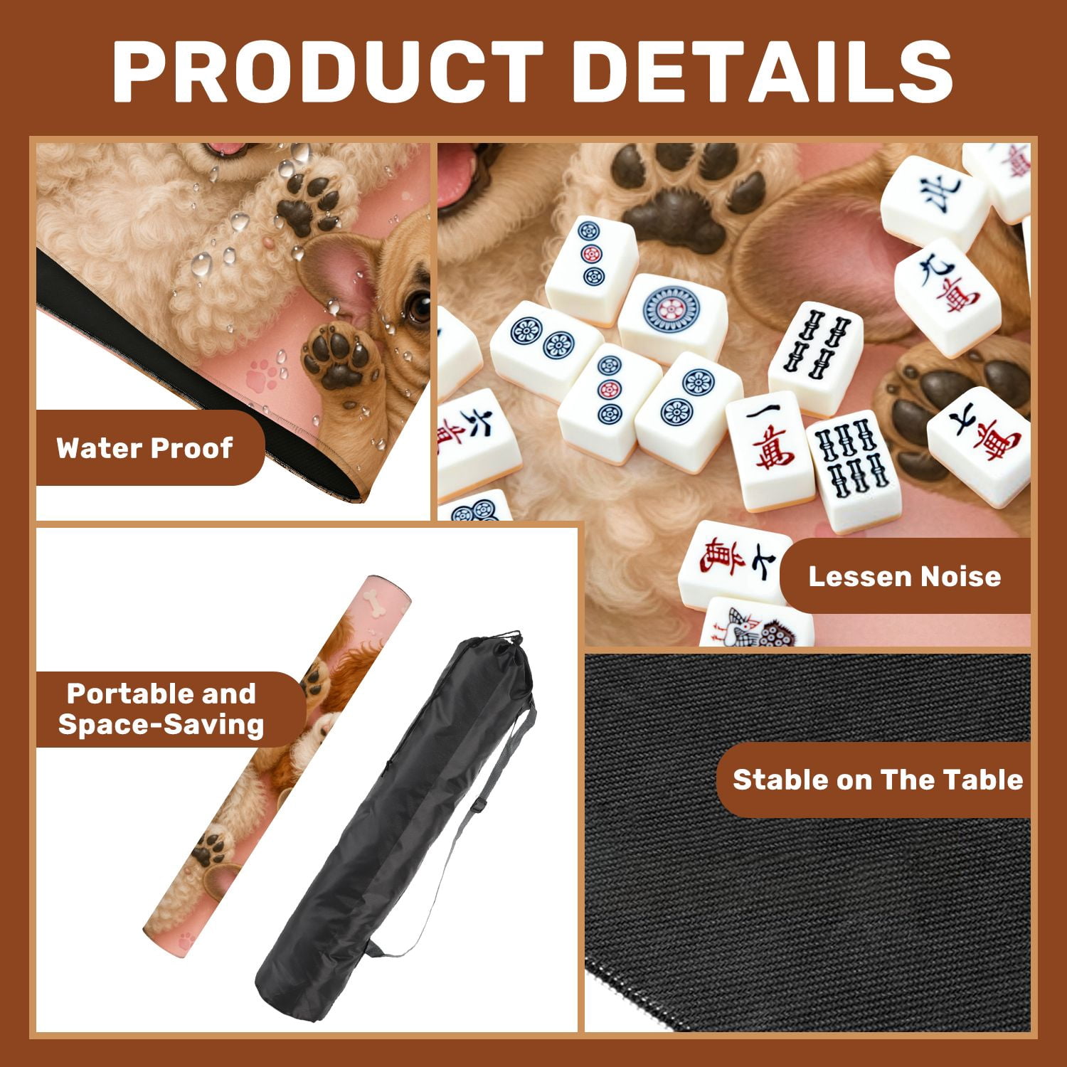 Mahjong Mat 31.5" x 31.5" Adorable Puppies Posing Their Paws Air Pink Non-Slip Noise Reduction American Mahjong Tiles Table Cover for Dominoes Poker Card Board Games Gift