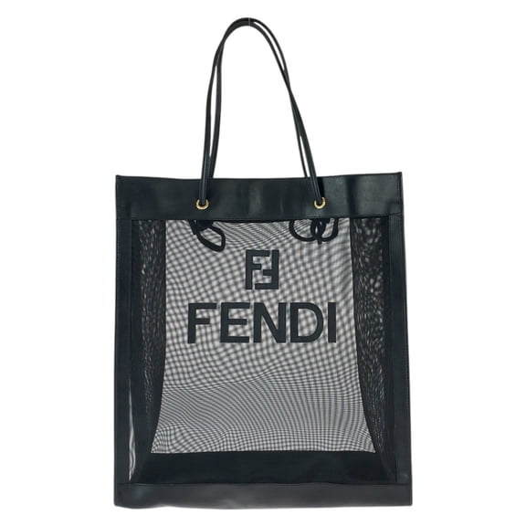 Pre-Owned FENDI FF logo black with gold hardware, leather and mesh tote bag, shoulder bag for...