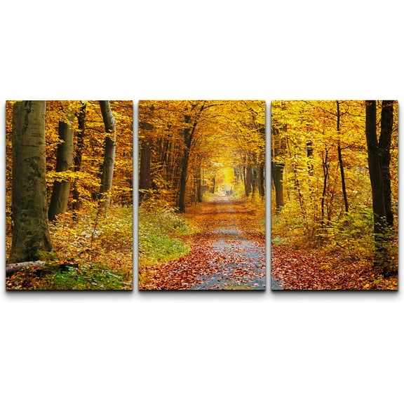 wall26 Canvas Print Wall Art Set Yellow & Red Autumn Forest Path Nature Wilderness Photography Realism Rustic Scenic Colorful Landscape for Living Room, Bedroom, Office - 24"x36"x3
