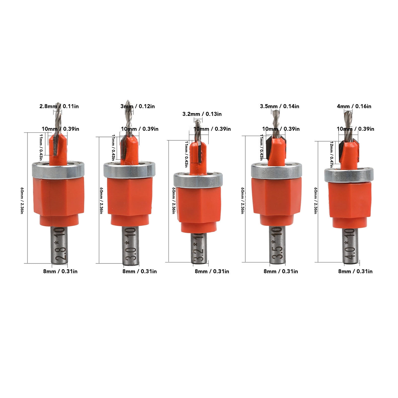 Yajisi 5‑Piece Limit Countersink Drill Bit Set – Cemented Carbide, Built‑In Depth Adjustment, Friction‑Reducing Bearing, Versatile Woodworking Tool