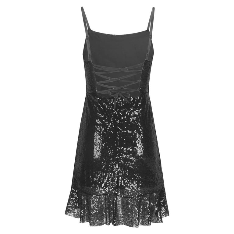 Lovskoo Women's Sequin Sparkly Dress Spaghetti Straps Glitter Ruched  Cocktail Mini Ruffled Hem Bodycon Dresses Black - Walmart.com