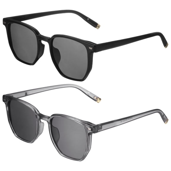 2pack Sunglasses for Women Men, PC Square Sunglasses, Black & Transparent Gray