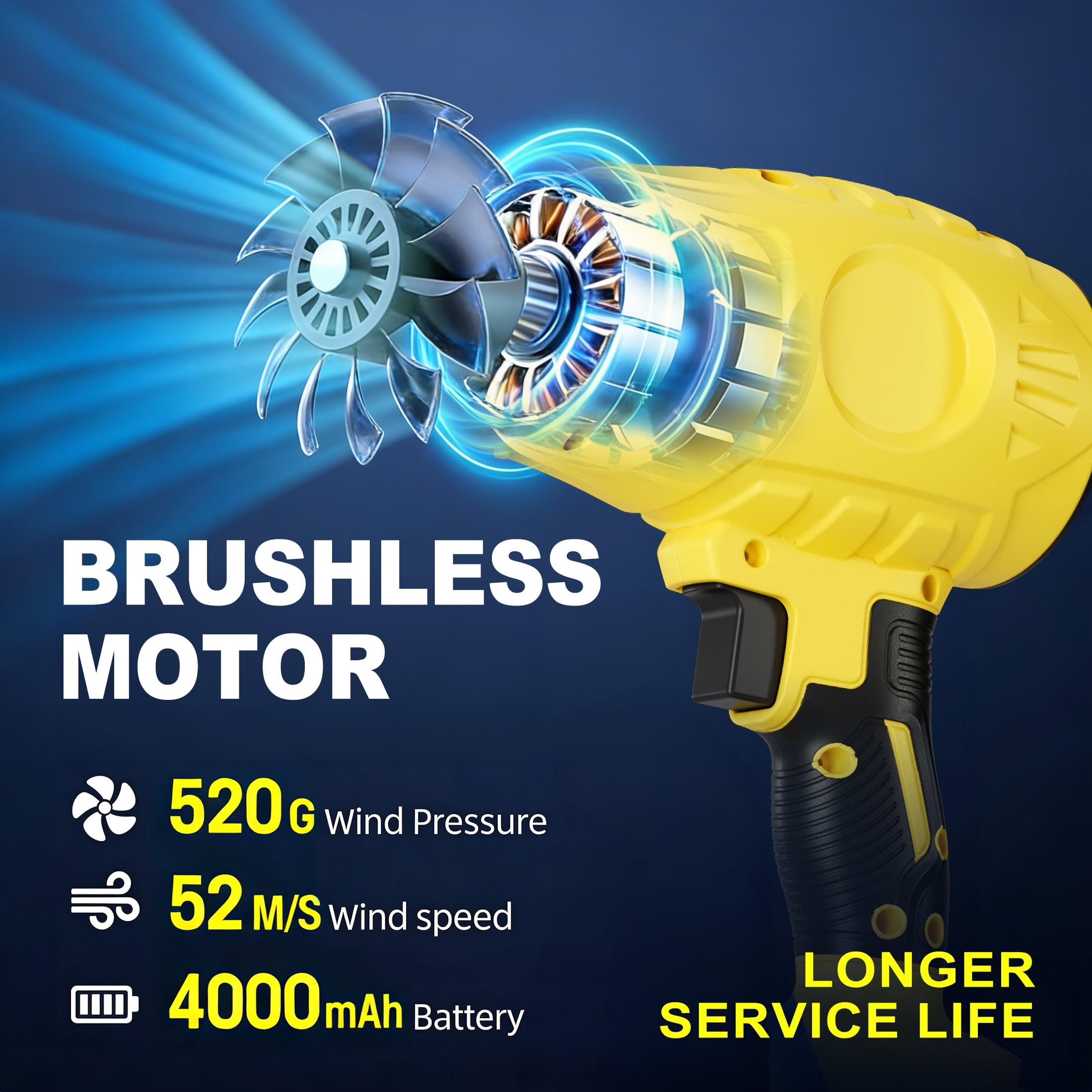 Brushless Cordless Leaf Blower 2 Batteries, Portable Dust Cleaner Handheld Blower Air Duster for Patio Cleaning, Lawn Care, Drying, Camping Yellow