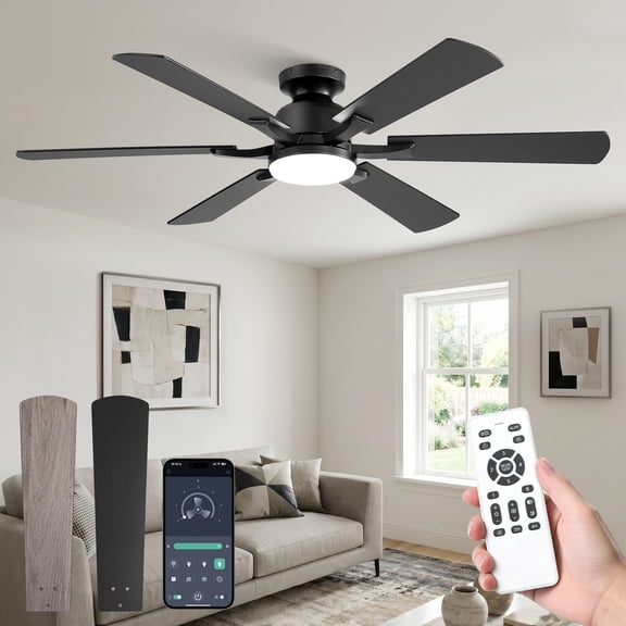 Lokivas 52in Ceiling Fan with Light and Remote Control, Flush Mount Ceiling Fan with Reversible 6 Speeds DC Motor, 6 Dual Finish Blades for Indoor, Black