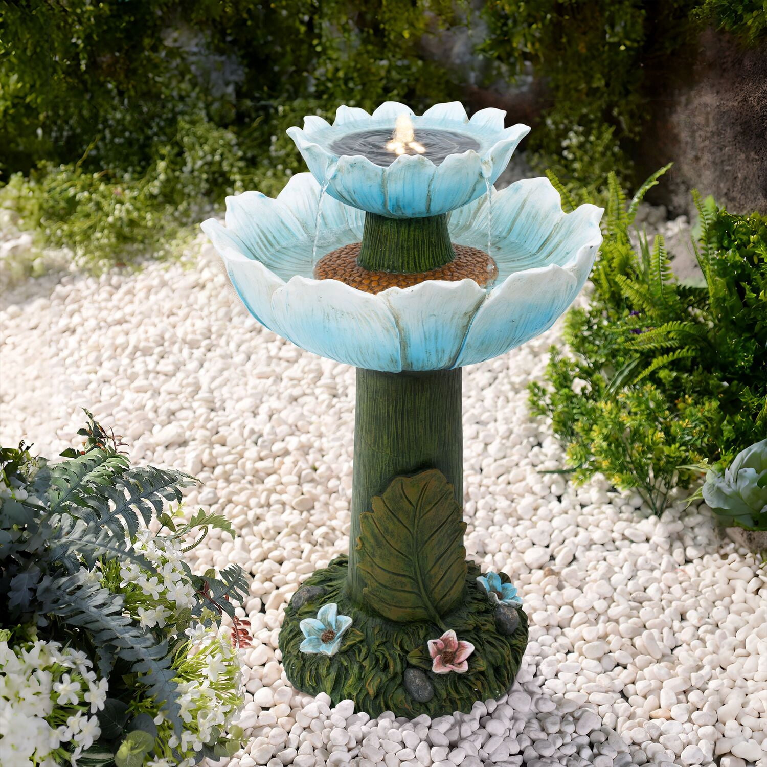LuxenHome Solar Powered Blue Flower 2-Tier Resin Birdbath Fountain with Lights