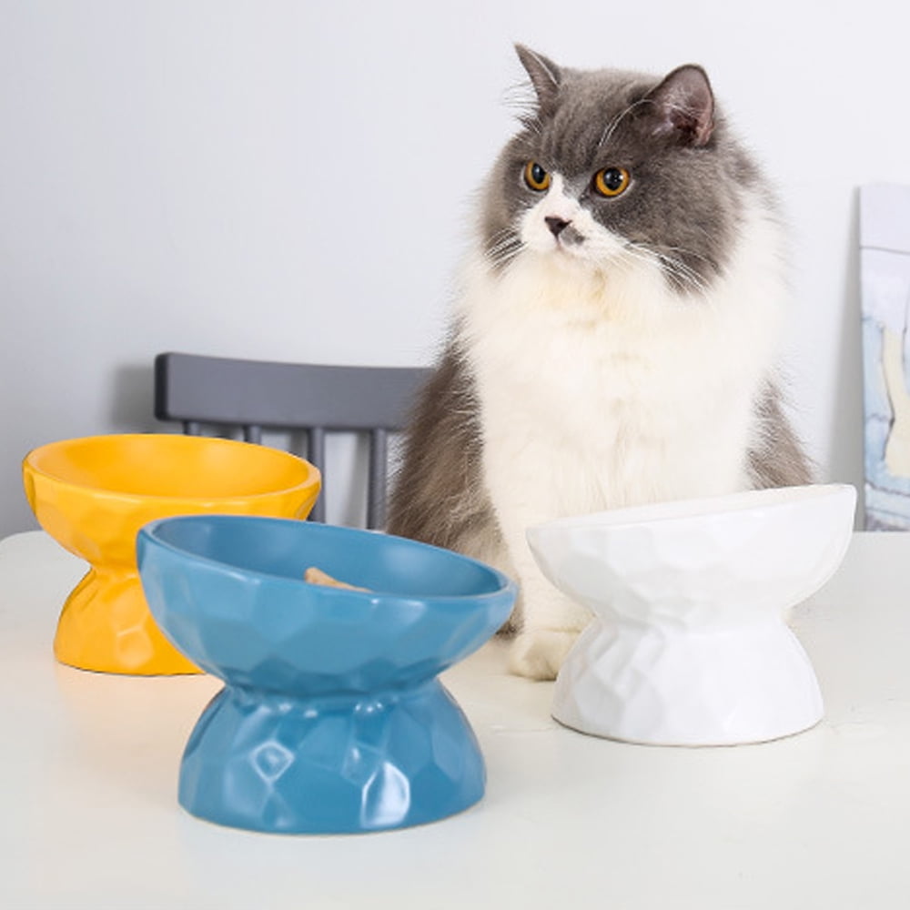 Extra Wide Raised Tilted Cat Food Bowls, Ceramic Elevated Cat Food and Water Bowl, Porcelain Slanted Pet Feeding Dish, Anti Vomiting Cat Bowl, Protect Pet's Spine for Big Cats - yellow