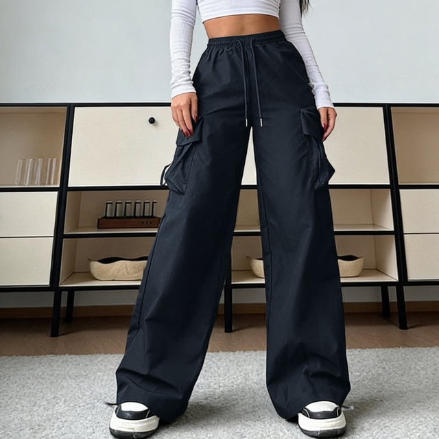 Neewe Womens High Waisted Loose Casual Long Straight Cargo Pants Elastic Drawstring Trousers with Pockets