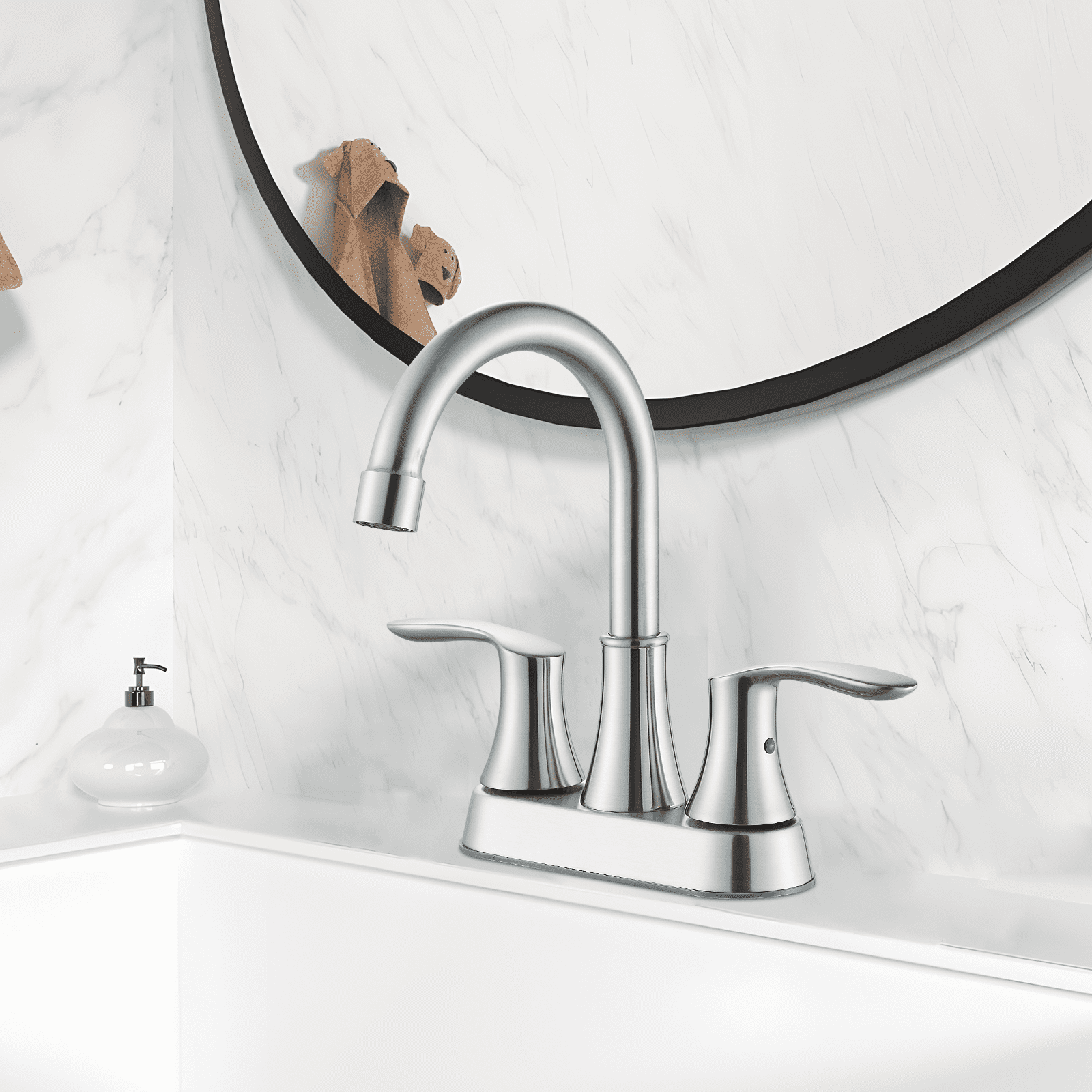 Zovajonia 4 Inch 2 Handle Centerset Lead-Free Modern Bathroom Faucet, 360 Swivel Spout 2-3 Hole RV Bathroom Vanity Sink Faucet with Pop Up Drain and Water Supply Lines Brushed Nickel