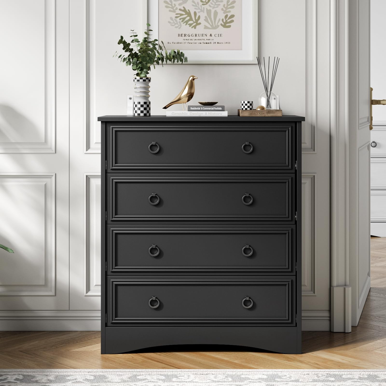 Holliwill Modern Drawer Dresser for Living Room, Bedroom, Hallway, Dresser Chest with 4 Drawers, Black