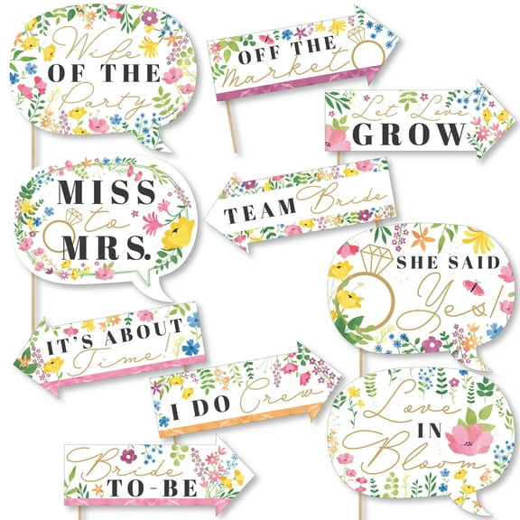 Big Dot of Happiness Funny Wildflowers Bride - Boho Floral Bridal Shower and Wedding Party Photo Booth Props Kit - 10 Piece