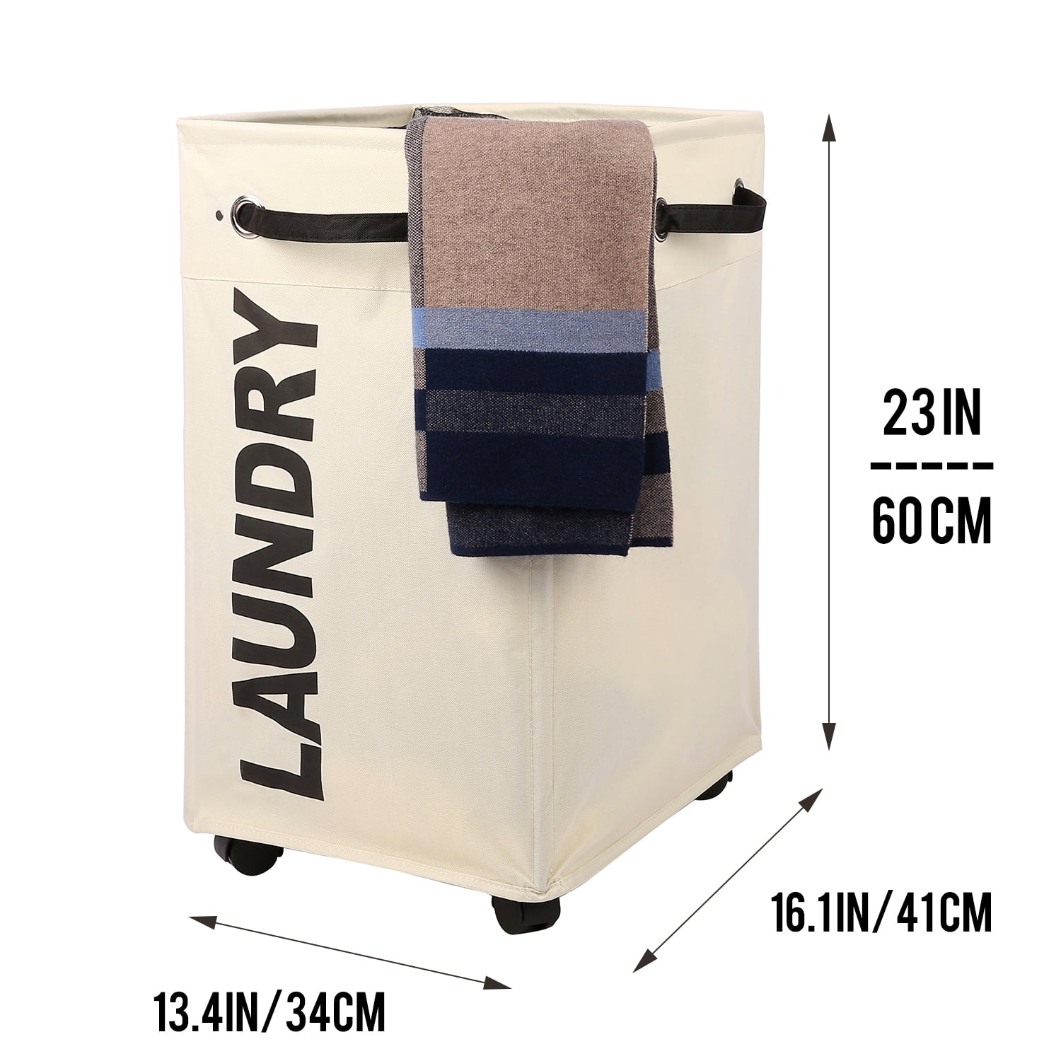 Caroeas 24" Pro+ Wheeled Laundry Hamper Beige Breathable Cover Heavy Duty Laundry Sorter Dirty Clothes Organizer Waterproof Foldable Laundry Basket Extra Large Cotton Laundry Bag