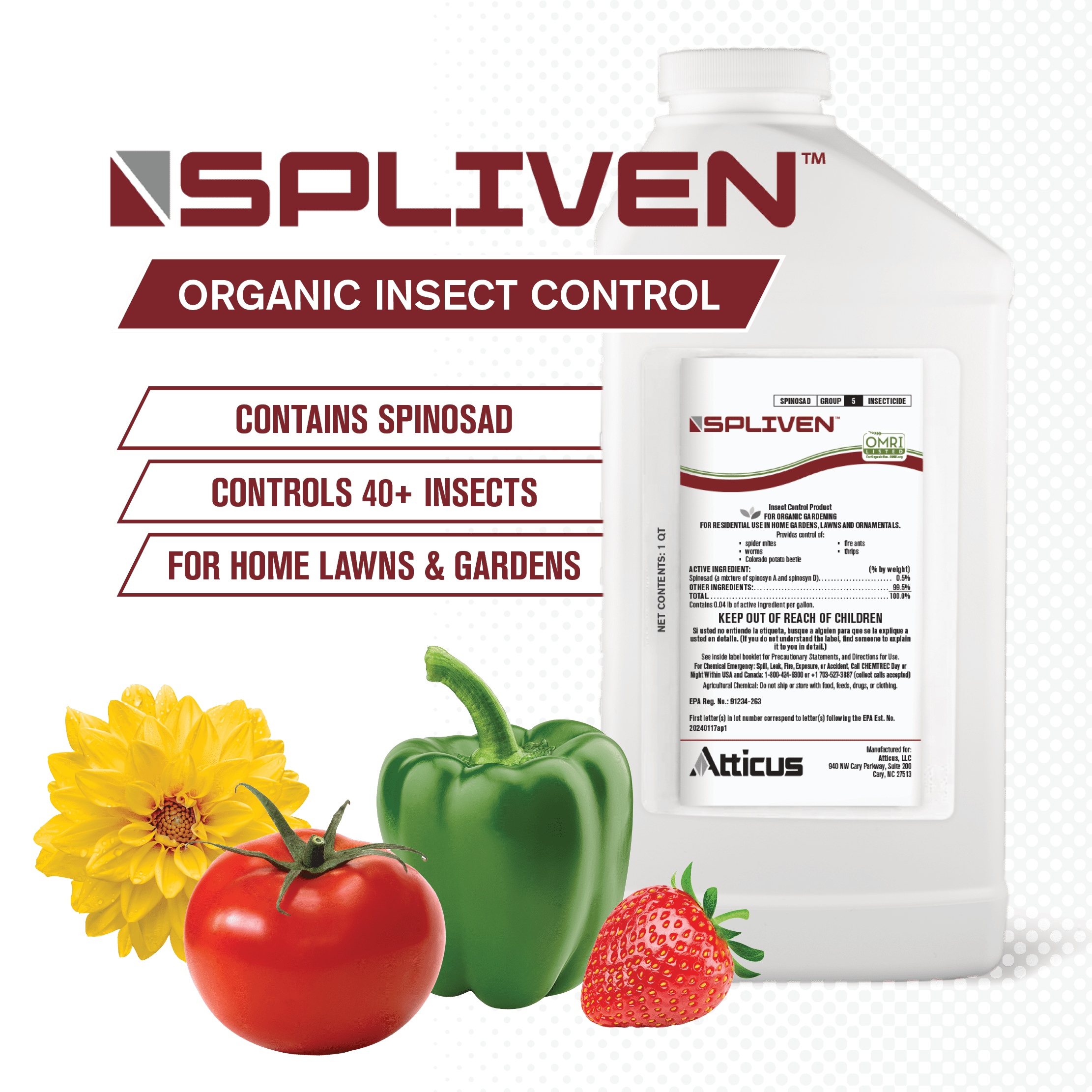 Spliven Insecticide for Organic Gardening (32 OZ) - 0.5% Spinosad Concentrate - Controls Over 40 Common Garden Pests
