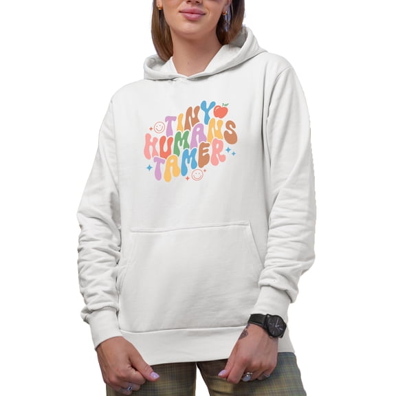 Tiny Humans Tamer, Retro Groovy Wavy Text Art, Teacher Merch Gift, White Hooded Sweatshirt or Hoodie, Small