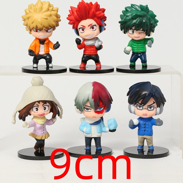 my hero academia midoriya izuku bakugou katsuki todoroki shoto ochico uraraka – figuritas de colección en pvc, juguetes, lote de 6bolsa b 9cm seis figuras PVC de 9–12 cm en vista frontal sobre bases circulares: Bakugou Katsuki (chaqueta naranja), Kirishima Eijiro (cabello rojo), Midoriya Izuku (chaqueta verde), Ochaco Uraraka (gorro beige), Todoroki Shoto (mitad cabello blanco/rojo) y un personaje adicional; fondo blanco, embaladas en bolsa B; adecuada para exhibición de colección.