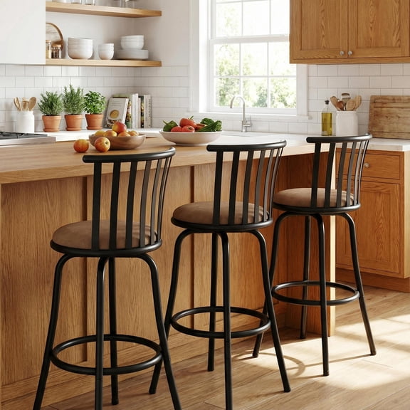 FurnitureR Swivel Bar Stools Set of 3, Adjustable 24" or 29" Height with Metal Frame, Low Back Counter Height Bar Chairs with Brown Suede Seat for Kitchen Island