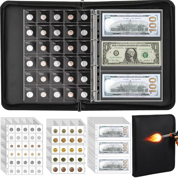 Coin Collection Album for Collectors , 300 Pockets Fireproof Coin Holder Book & 36 Paper Currency Binder Sleeves, Coin Storage Collecting Organizer for Pennies,Bill,Tokens,Badges