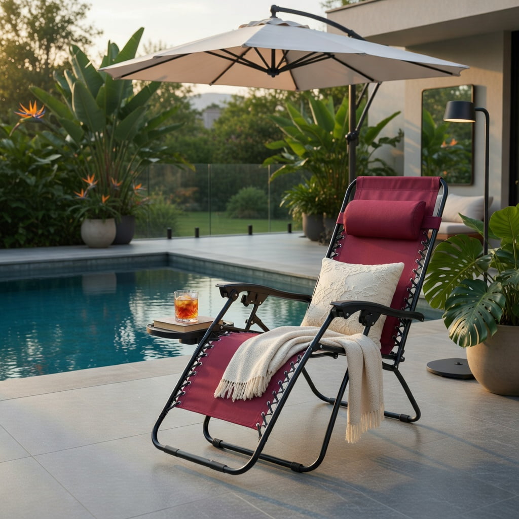 Hommoo 2-Pack Zero Gravity Folding Lounge Chairs with Adjustable Headrest & Removable Tray, Breathable Waterproof Fabric, Dark Red