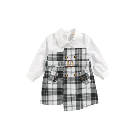 

Bowiln Girls Big Hem Autumn Dress White Plaid Printed Pattern Collared One-piece