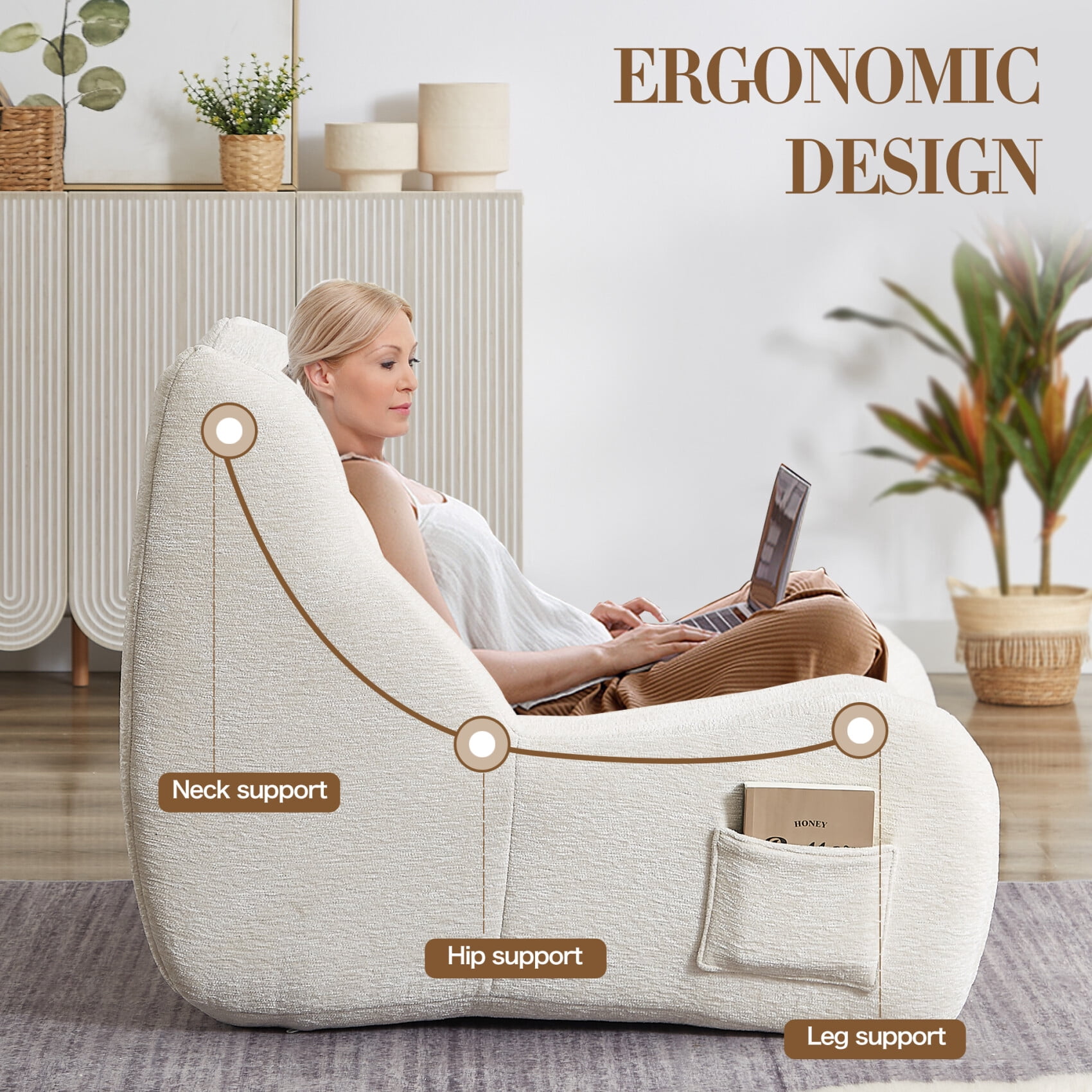 Giant Bean Bag Chairs for Adults, Chenille Lazy Floor Sofa with 21-inch High Backrests and Side Pocket, Cozy Accent Lounge Chair for Living Room, White