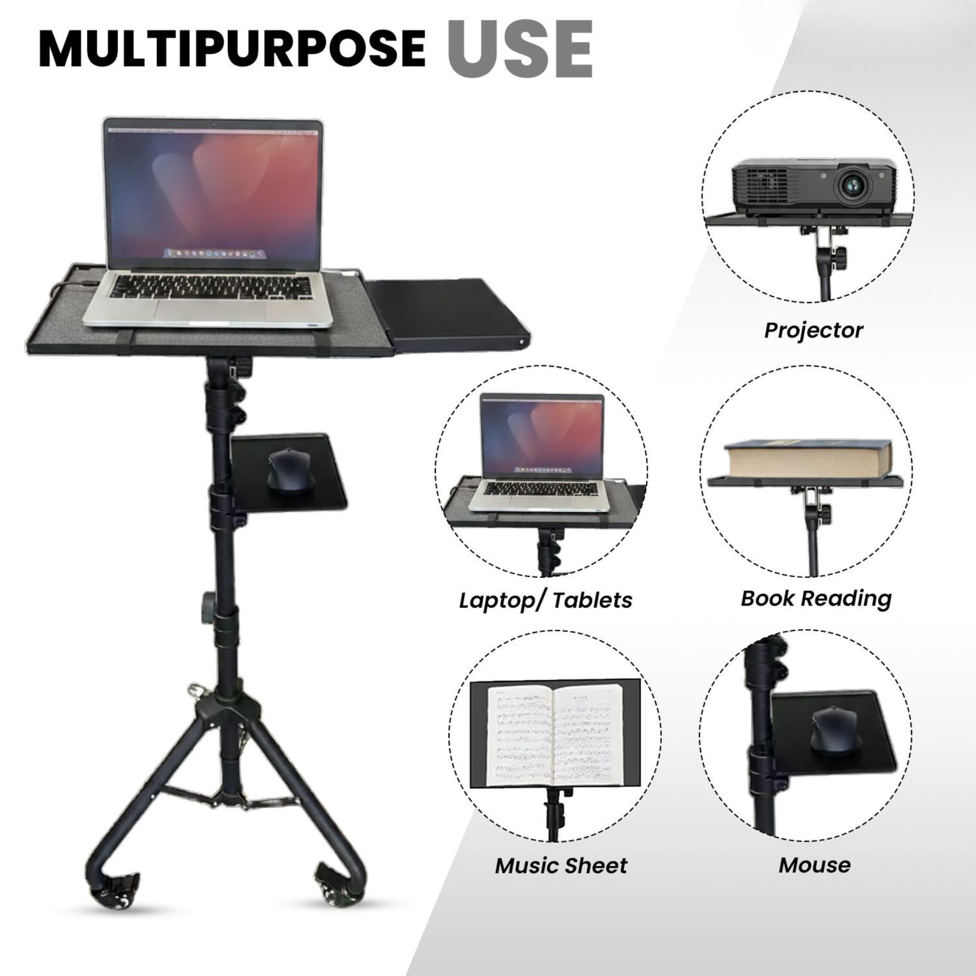 Adjustable Projector Stand Tripod - 71" Portable Laptop Floor Stand with 2 Trays