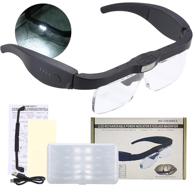 Lupa portátil Lupas con luz, Lupas para la cabeza con 3 luces LED y lentes desmontables 0,75X, 1,25X, 2,0X, 3,0X y 4,0X, Lupas para pasatiempos, manualidades, lectura y trabajo de cerca