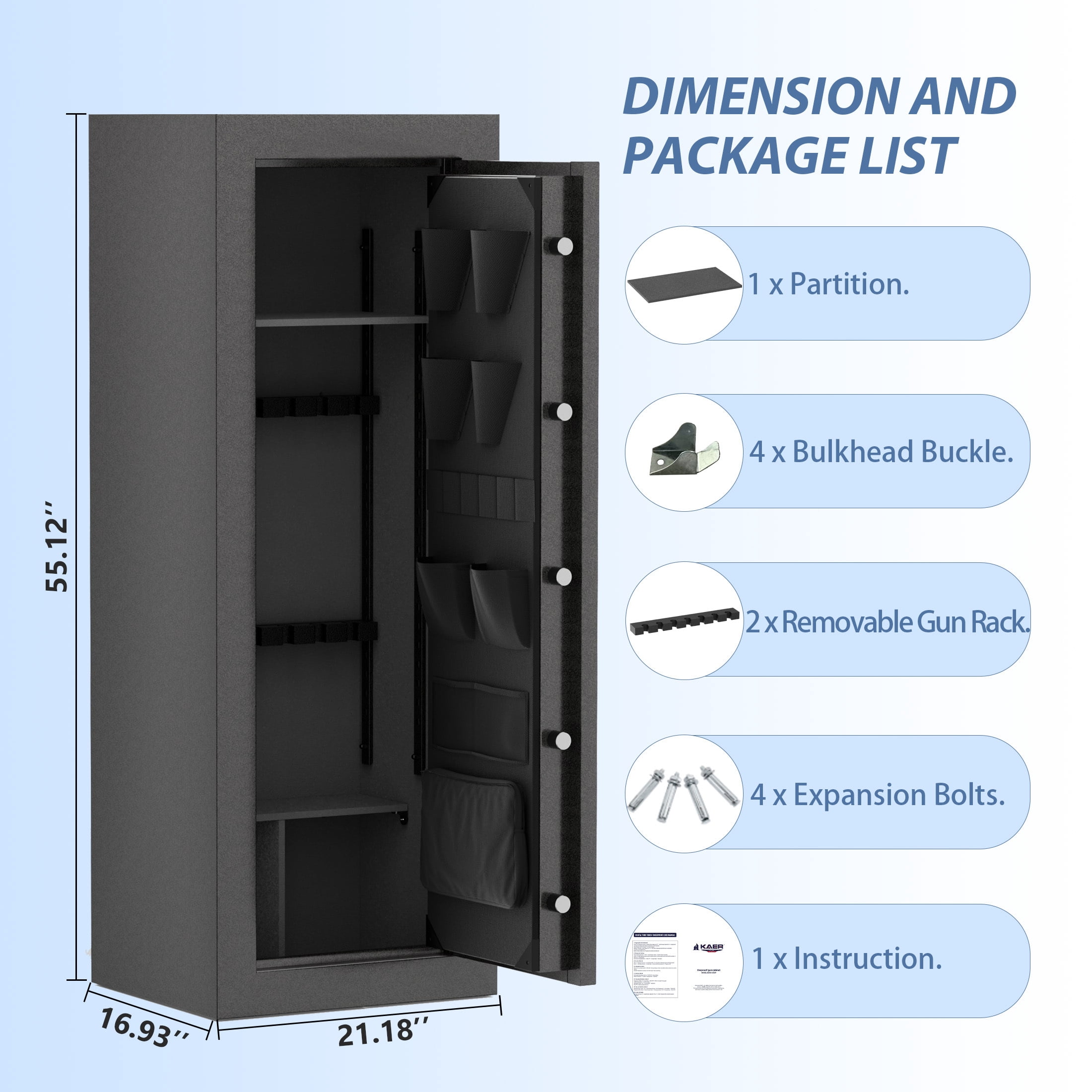 KAER 18-20 Fireproof Gun Safe, Quick Access Fingerprint Rifle Safe, Assembled Gun Cabinet for Rifle and Shotgun, Gun Safe with Removable Shelf and Rifle Rack