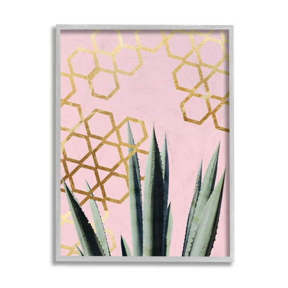 Stupell Industries Abstract Geometric Pattern Cacti over Soft Pink Design by Daphne Polselli, 16" x 20", Gray Framed