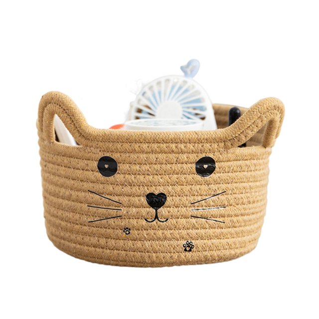 Storage Basket Hand Woven Multi-purpose Large Capacity Comfortable Handle Space-saving Decorative Cotton Rope Cat Ears Desktop Key Sundries Organizer Box Household Supplies