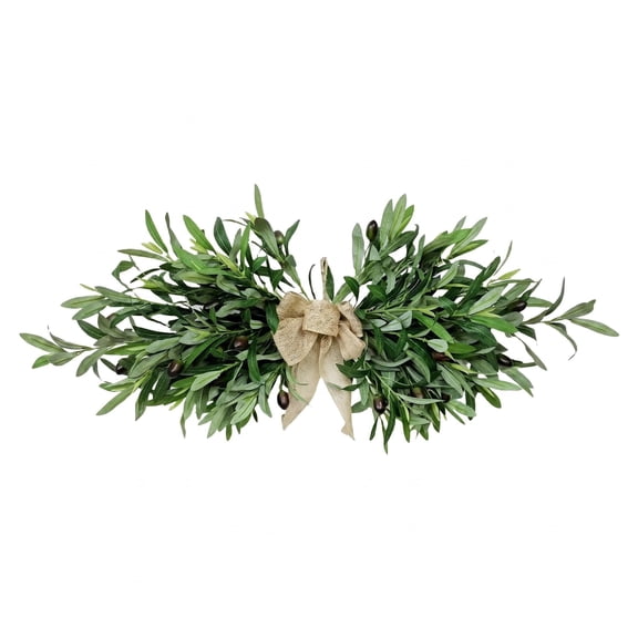Xingtaoda Olive Greenery Swag 24 Inch Artificial Olive Leaf Garland with Burlap Bow Farmhouse Door Decor for Front Door Wall Mantel Table