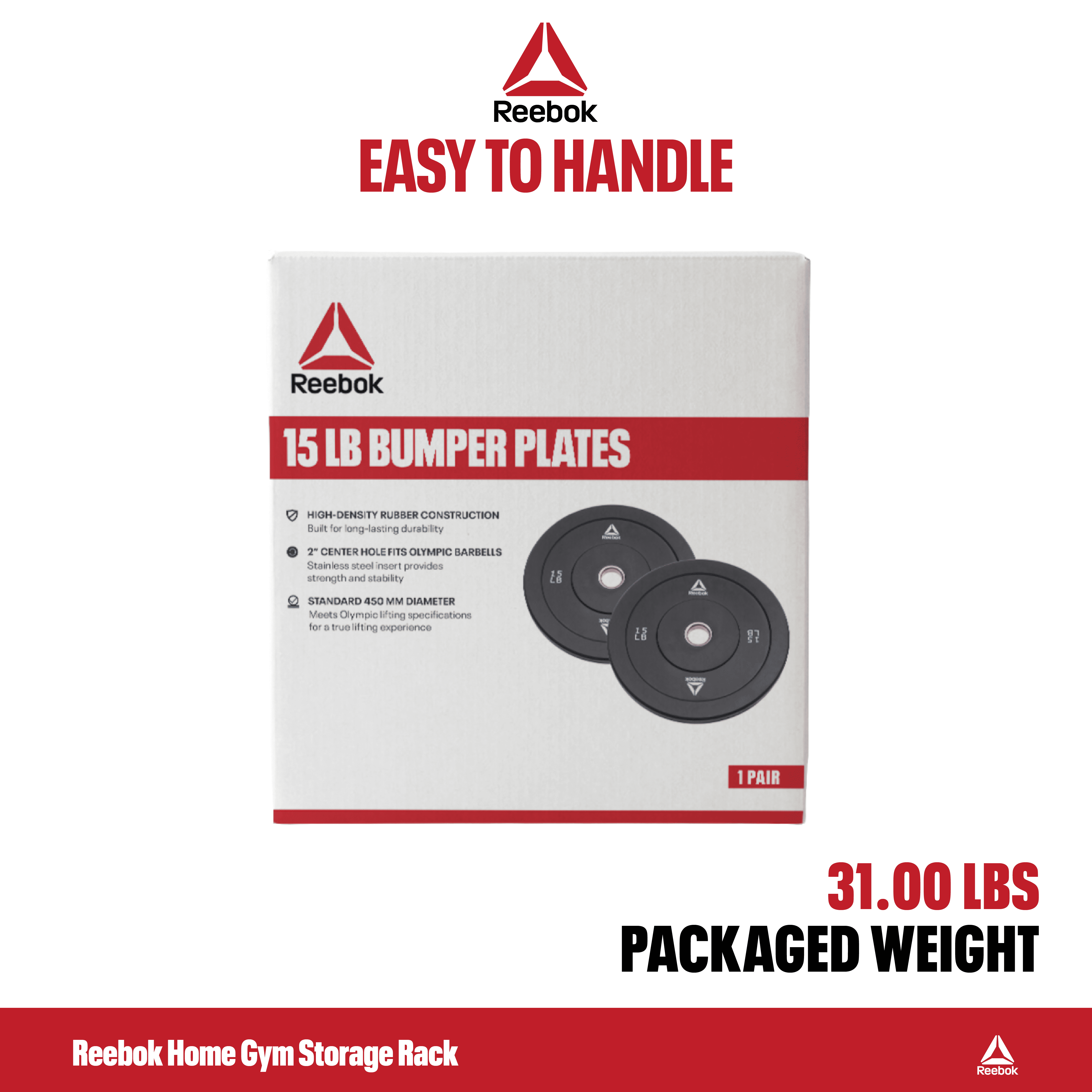 Reebok 15lb Olympic Rubber Bumper Plates (Set of 2) – Low-Bounce Plates for Strength Training