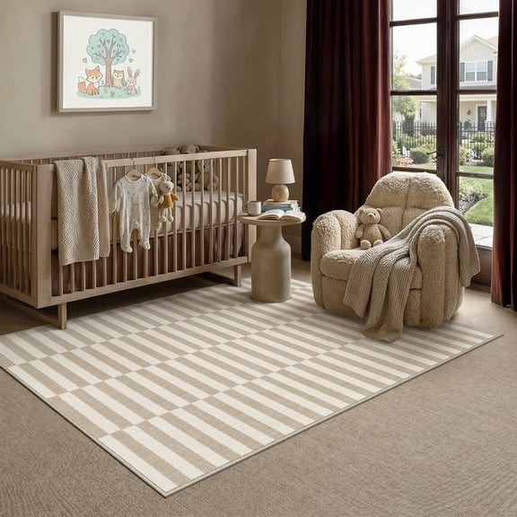 BERTHMEER Small Area Rugs 3'x5' for Bedroom Bathroom Entryway Laundry Striped Pattern Rugs Non Slip Washable Modern Contemporary Geometric Carpets Light Brown Beige Dorm Entrance Throw Rugs