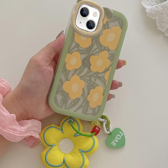 Compatible with iPhone 14 Case with Kickstand Cute Flower Pattern Stealth Stand Detachable Flower Pendant Unique Fashion Protective Shockproof Cover for Girls Women