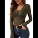 thumbnail image 2 of Blusa de Larga con Cuello Redondo y Encaje de con Bordado Floral para Mujer Verde Oliva L, 2 of 10